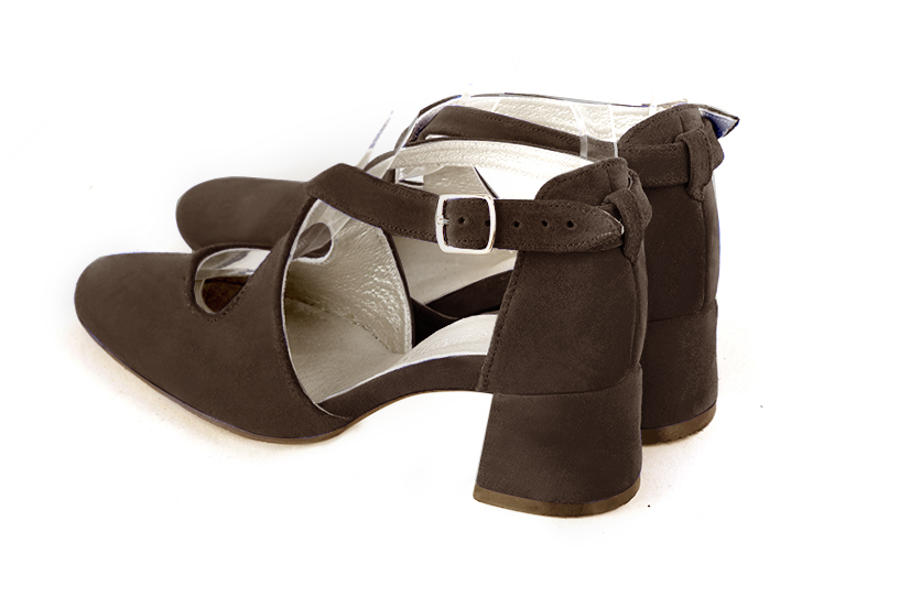 Women's dark brown elegant closed-back heels, with crossed straps. .  - Rear view